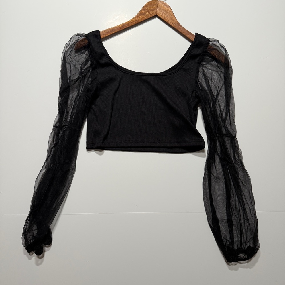 Dazy Women’s Black Crop Top with Tulle Sleeves, Size M